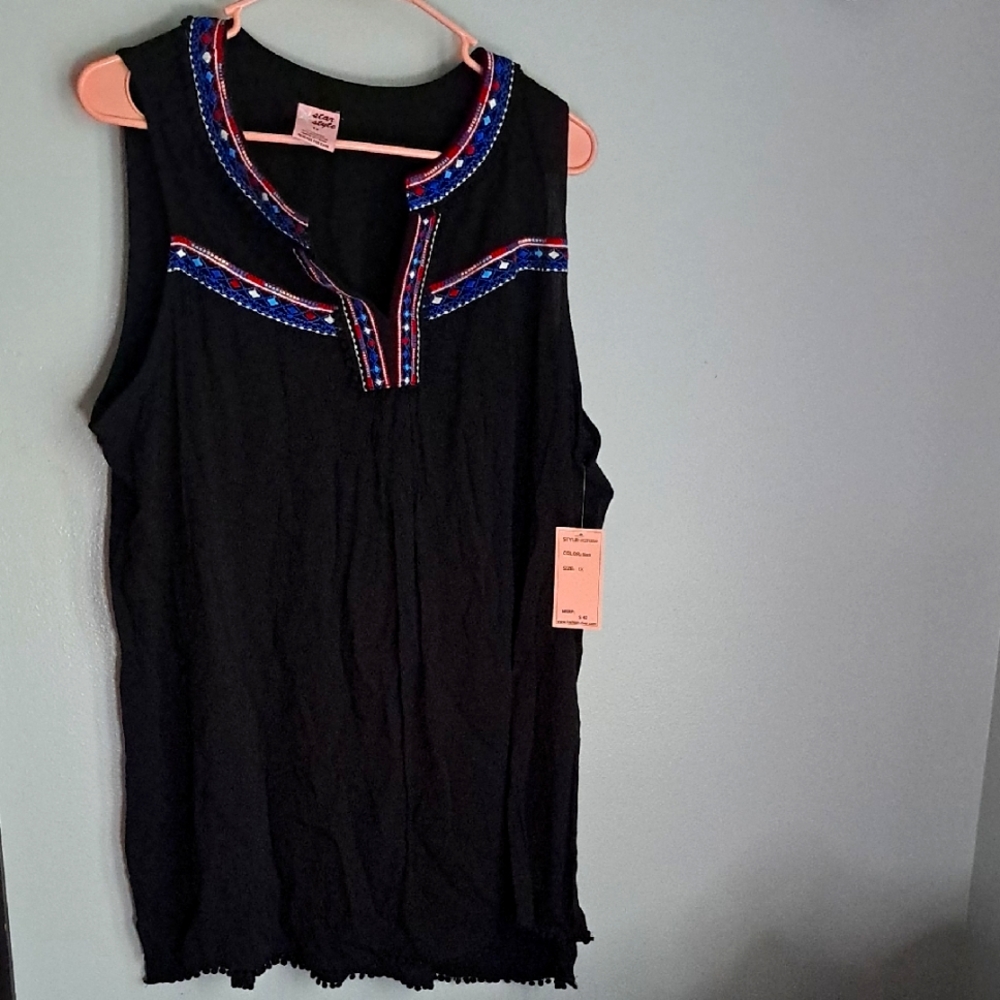 Star Style Boho Black Sleeveless Embroidered Accents Tunic Pom Pom Top